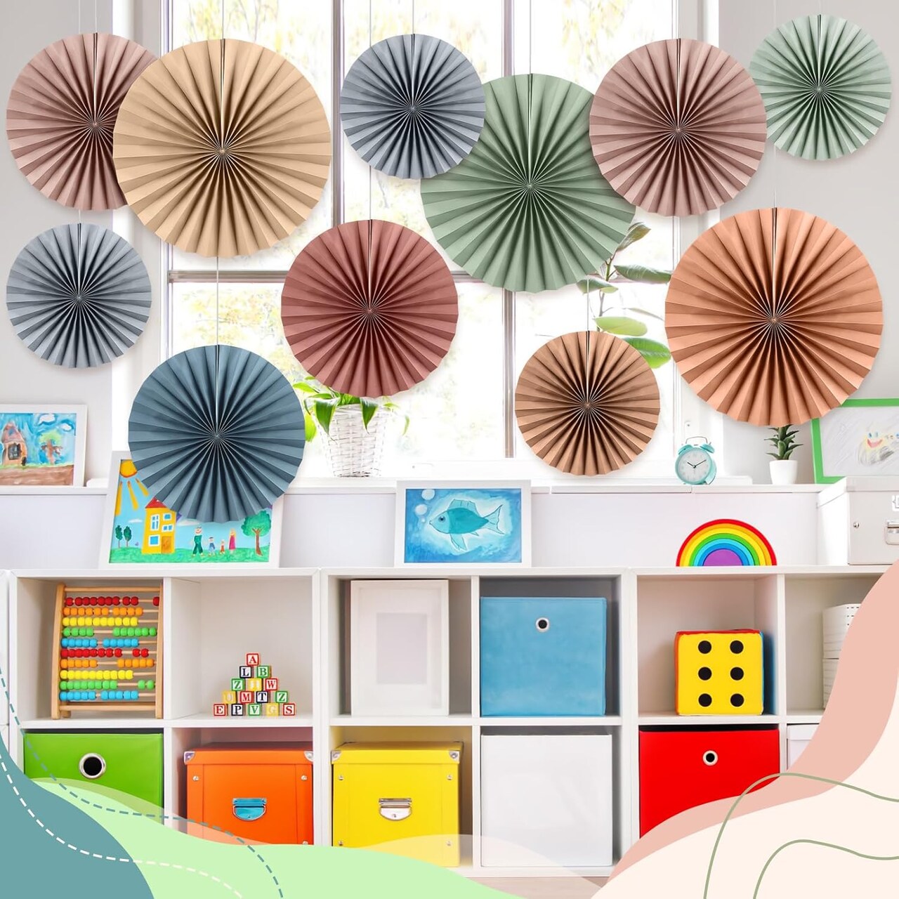 18 Pcs Calming Hanging Paper Fans Decor Back to School Paper Fans Round Garlands Bulletin Board Classroom Decorations for Party